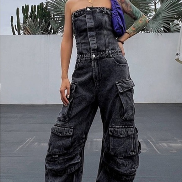 Denim cargo jumpsuit: Black gray - Picture 2 of 3
